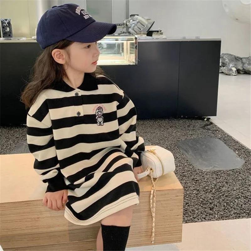 Robes à rayures pour filles, automne printemps, manches longues, col polo, sweat-shirt, mode enfants