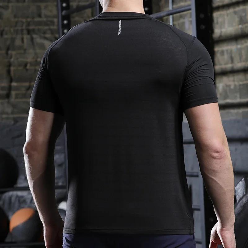 Hommes mince glace soie hauts course à manches courtes sport T-shirt gymnase Fitness entraînement mu
