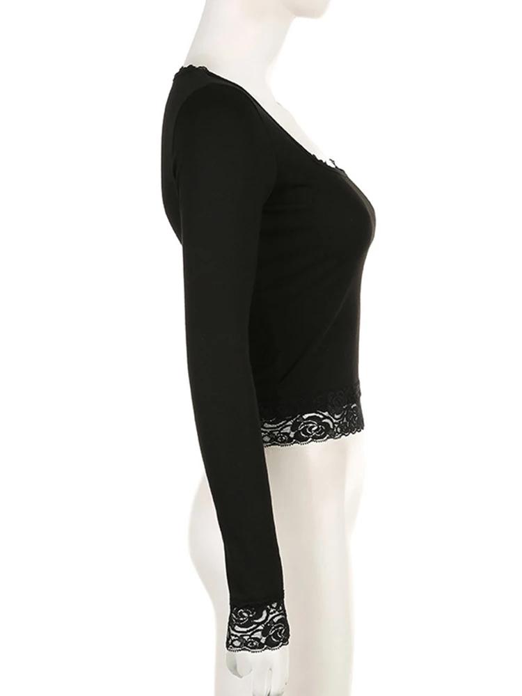T-shirt manches longues pour femmes, Vintage, fée Grunge, garniture en dentelle, Slim, convient aux 