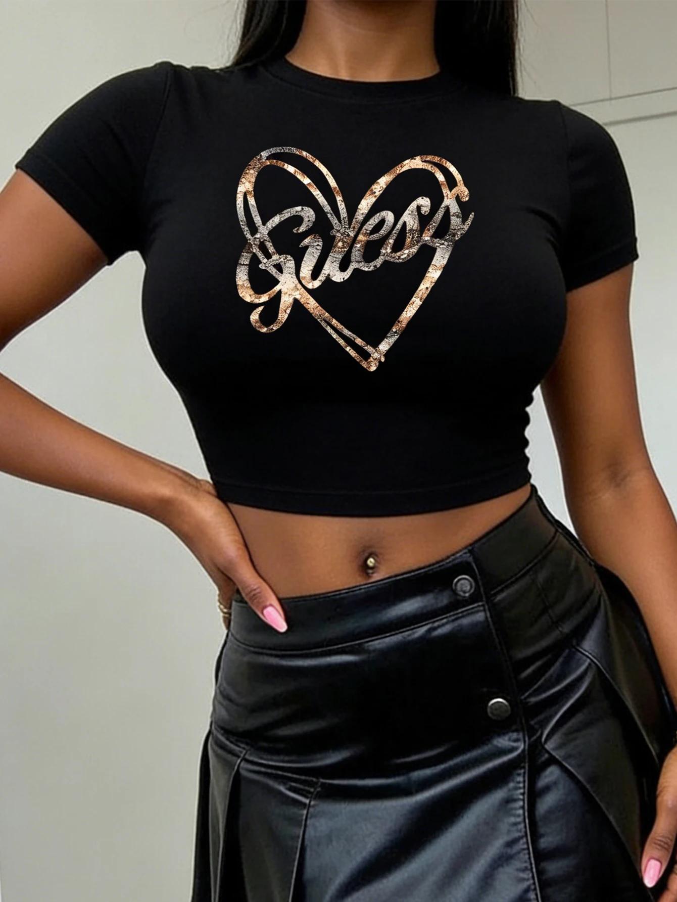 T-shirt à manches courtes pour femme, col rond, imprimé rétro en forme de cœur, ajusté et sans manch