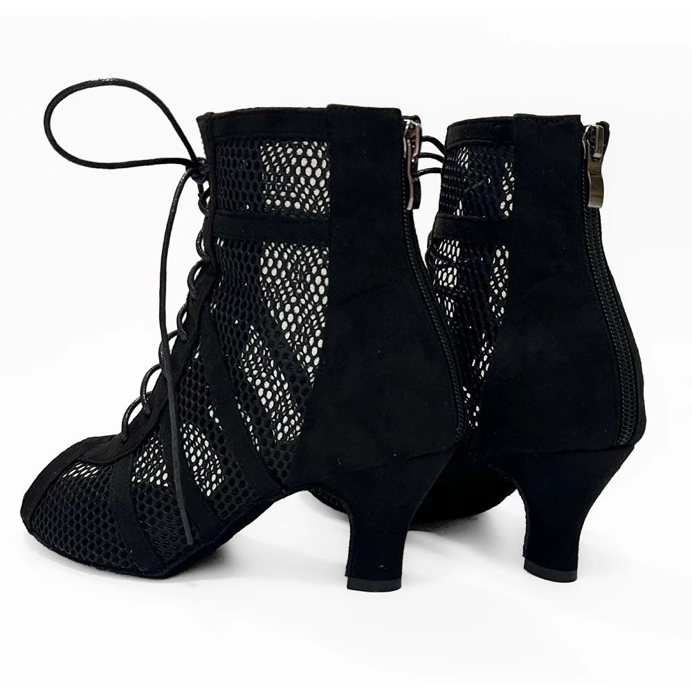 Bottines de danse salsa femmes cuir suédé noir - Fermeture éclair avec talons 8.5cm 7.5cm 6cm QT-006