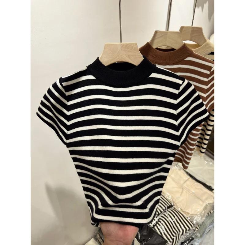 Pull à demi-col roulé rayé pour femme, haut ajusté, chemise à manches courtes, début du printemps et