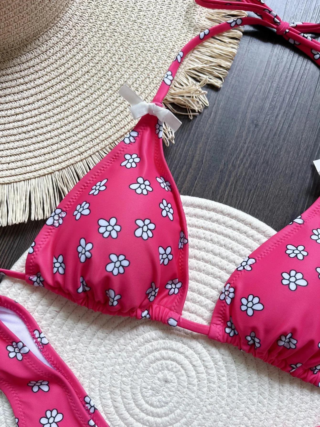 Maillot de bain deux pièces imprimé fleurs pour femme, bikini licou, coupe haute, baigneur, baigneur