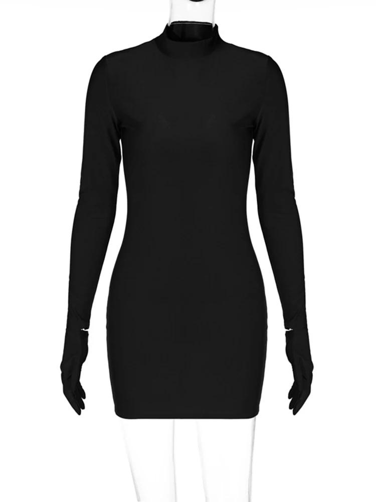 Mini robe moulante à manches longues avec gants, couleur unie, Sexy, Streetwear, tenue de fête, demi