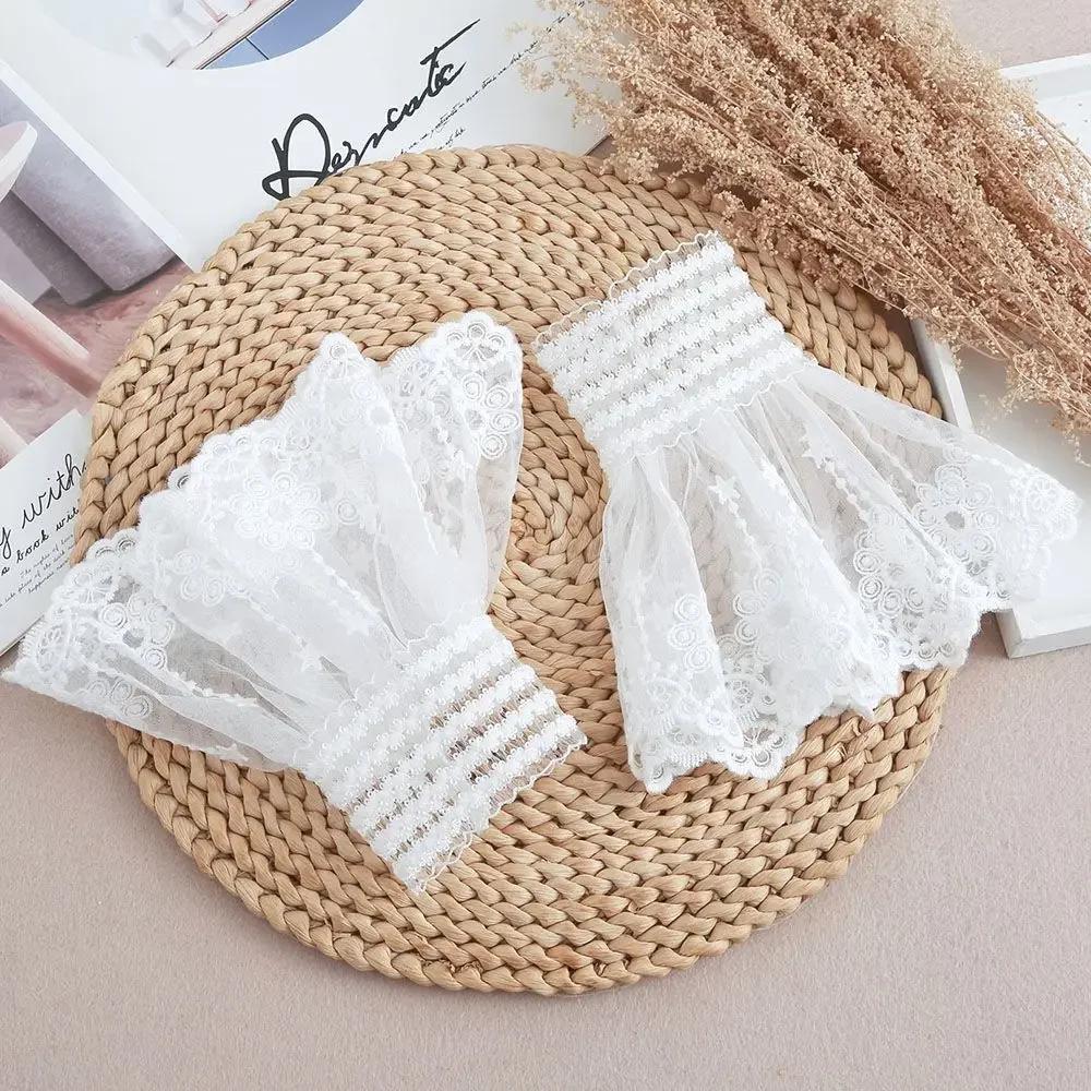 1 Paire de Faux Manchettes Amovibles en Dentelle Florale et Maille, à Double Couche, Plissées et Fro