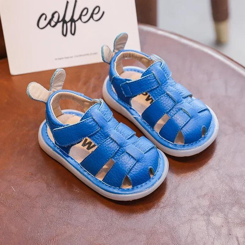 Sandales d'été anti-collision en cuir véritable pour bébé fille et garçon, chaussures de plage soupl