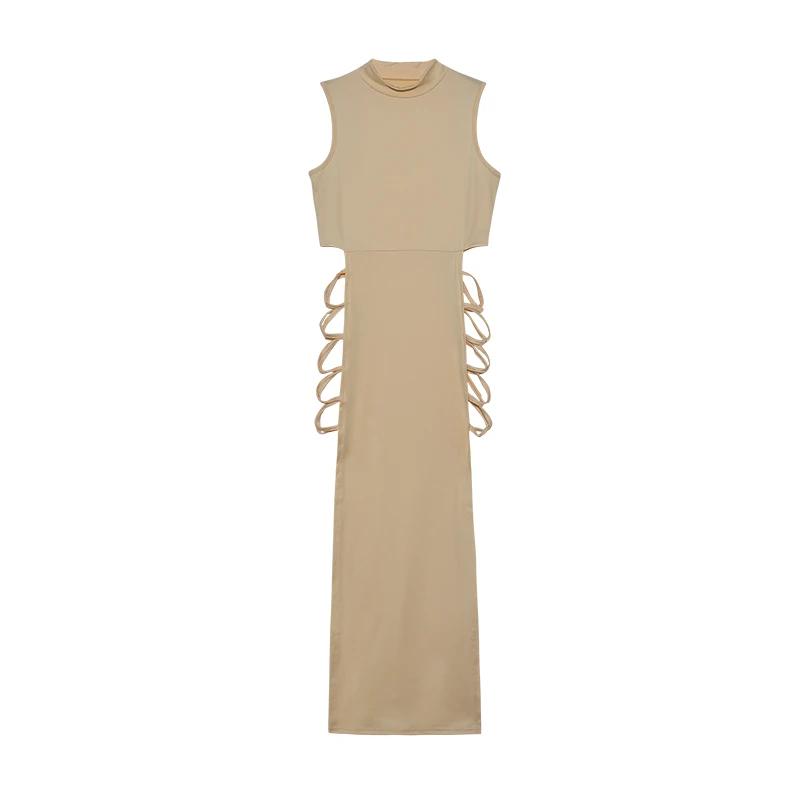 Robe à découpes croisées pour femmes, robe en fibre à col montant avec batterie sexy, vêtements pour