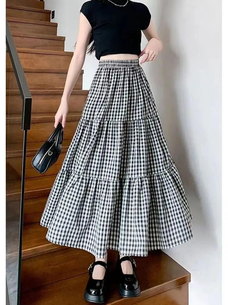 Jupe à plusieurs niveaux en Patchwork pour femmes, Vintage, à carreaux, taille haute, taille élastiq