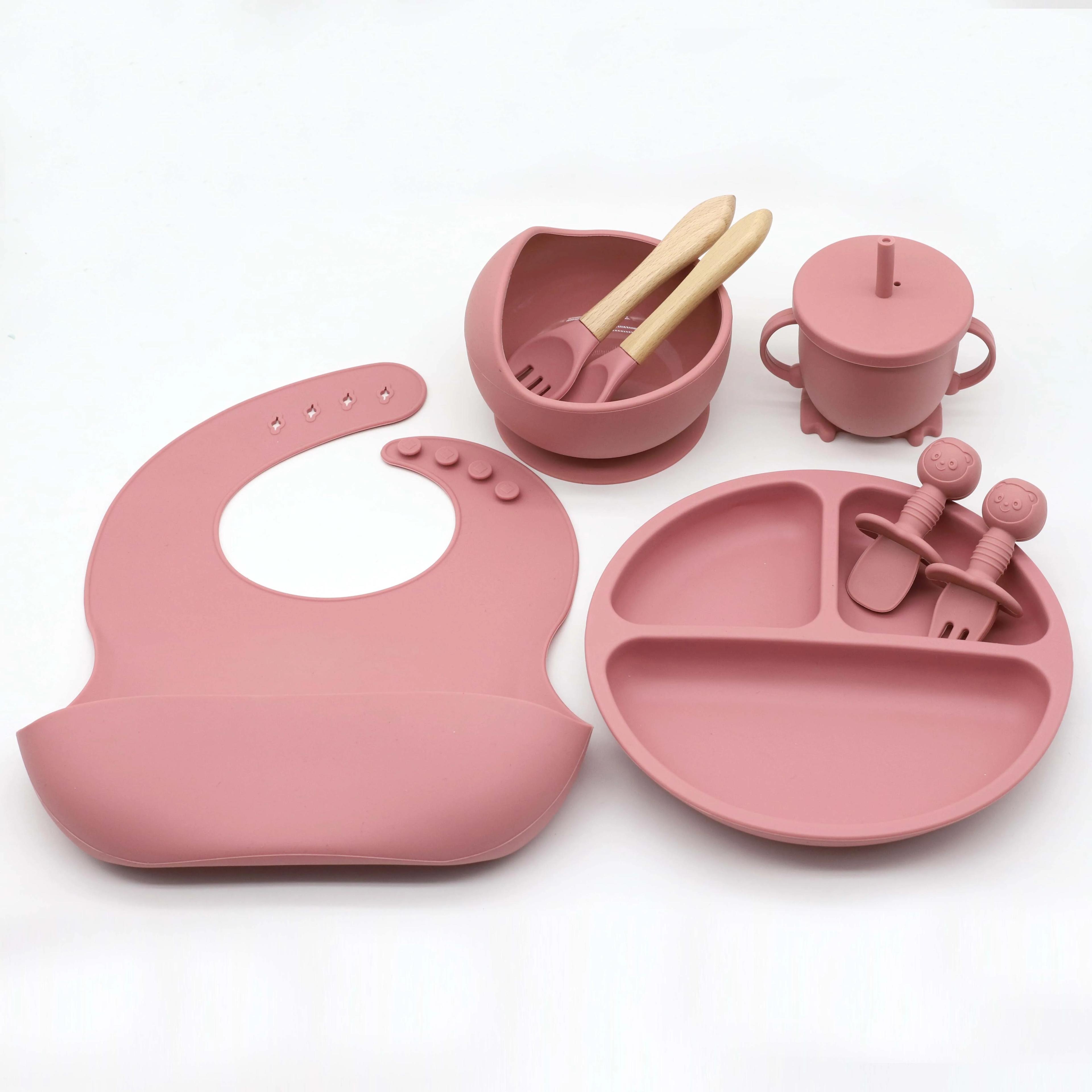 Ensemble de vaisselle en silicone de qualité alimentaire, 8 pièces, bavoir, bol, assiette à manger, 