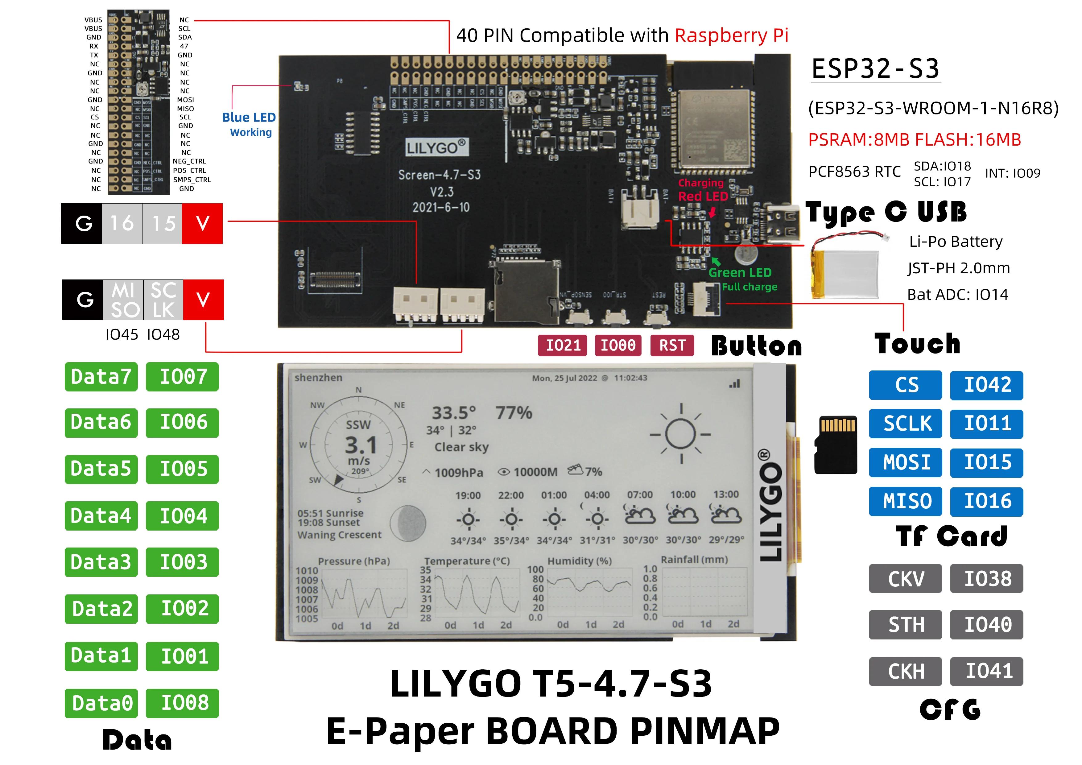 LILYGO® T5 4.7 Inch E-paper V2.3 ESP32-S3 Carte de pilote de développement T5 4.7 pouces e-papier V2