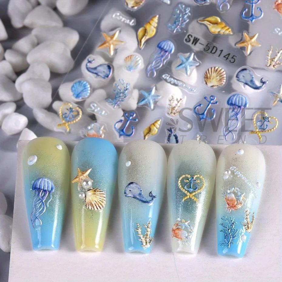 Autocollants pour ongles 5D méduse, plage d'été, coquille blanche, étoile de mer, vis adhésive, curs