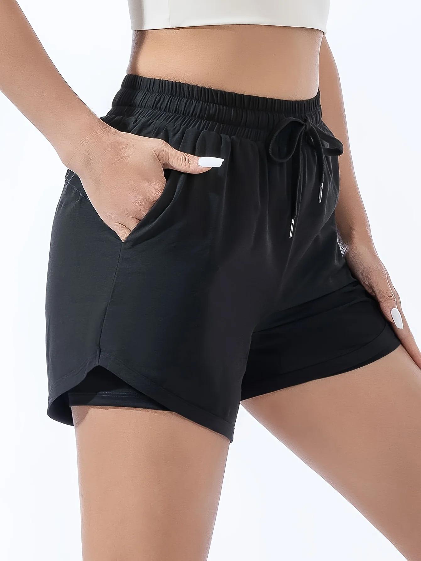 Short de sport ample taille haute pour femmes, double couche, anti-éblouissement, pantalon de fitnes