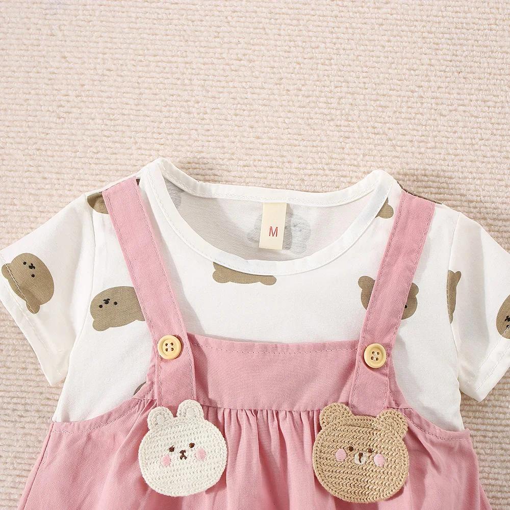 Robe d'été en coton pour petites filles, imprimé ours en peluche, manches courtes, fausse robe à bre