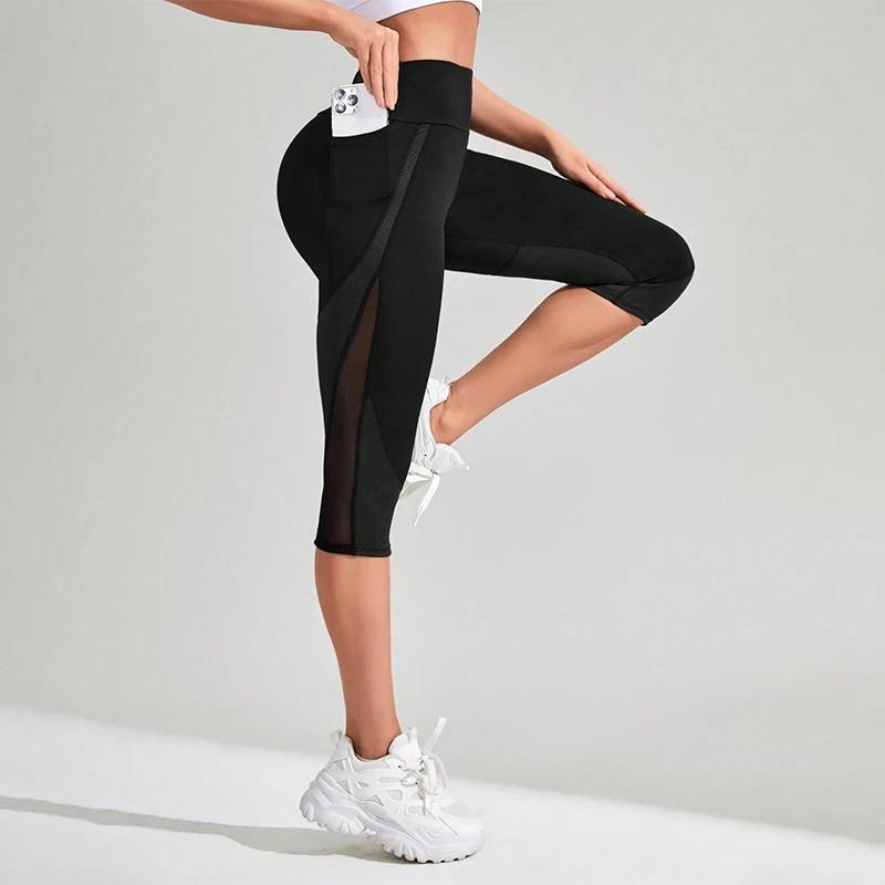TUNIControl-Pantalon de yoga taille haute en maille pour femme, capri d'entraînement avec poches