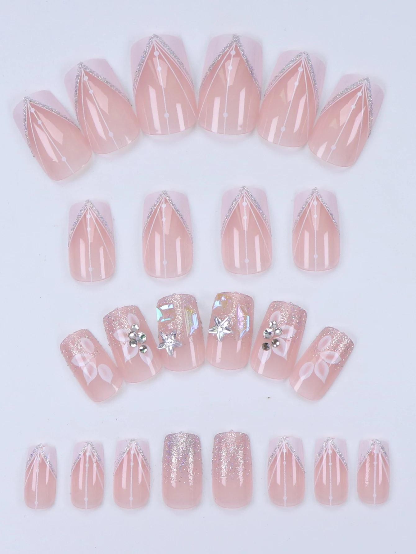 24 pièces français flash bordure blanche fleur de cerisier strass faux ongles ensemble d'ongles blan