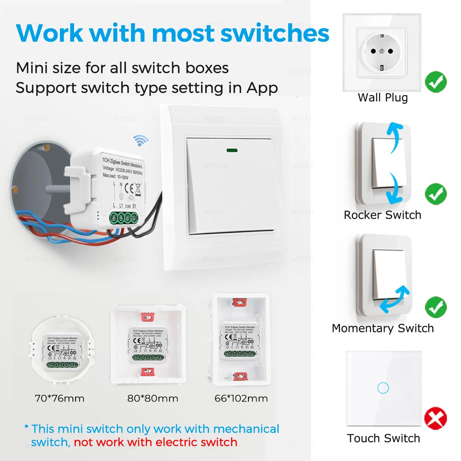 Tuya Zigbee 3.0 Mini Module de commutation intelligent relais sans fil neutre contrôle bidirectionne
