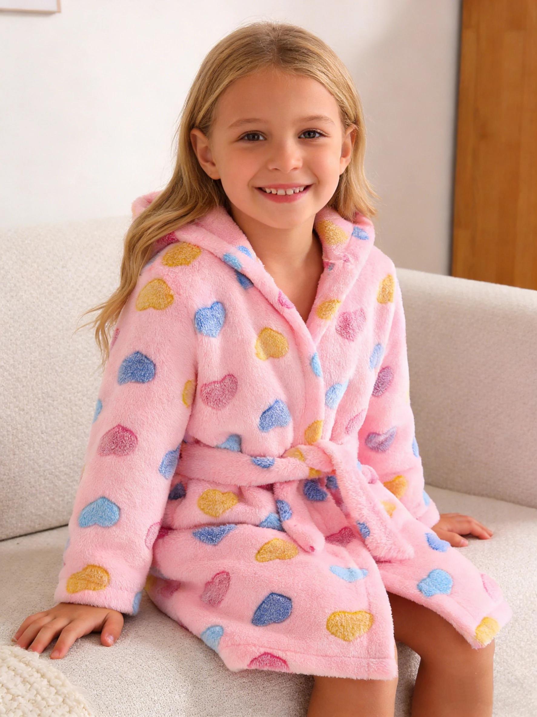 Peignoir pour filles, automne/hiver, manches longues et capuche, tissu doux et chaud pour porter à l