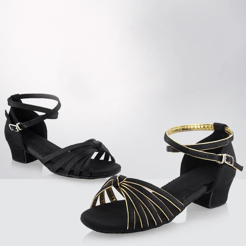 Chaussures latines en Satin pour filles, chaussures de danse à talons bas, pour adultes, Tango, Sals