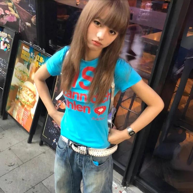 Karrram japonais Y2k lettre impression T-shirt Trashy 2000s Style haut court Vintage Harajuku manche