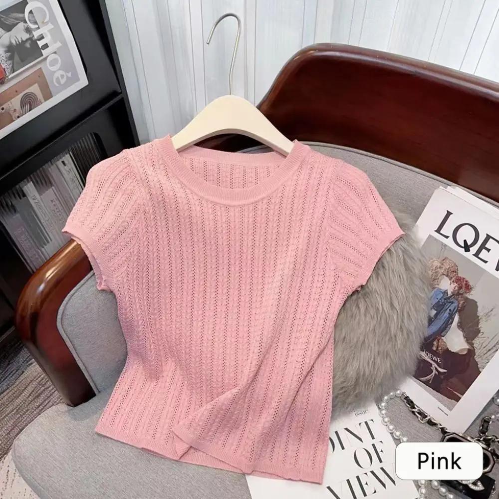 T-shirt tricoté élégant à points torsadés, chemise creuse en soie glacée à manches courtes, haut d'é