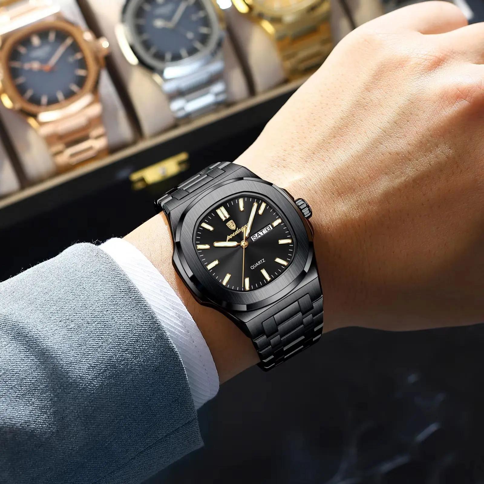 POEDAGAR luxe carré hommes montres étanche lumineux Date semaine hommes montre en acier inoxydable m