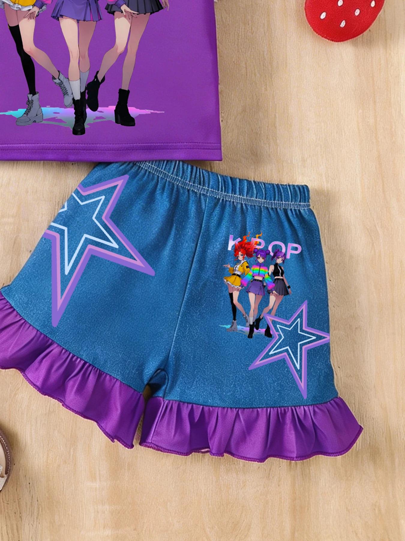 Ensemble décontracté d'été pour filles, 2 pièces, imprimé K-POP Anime, t-shirt à manches courtes et 