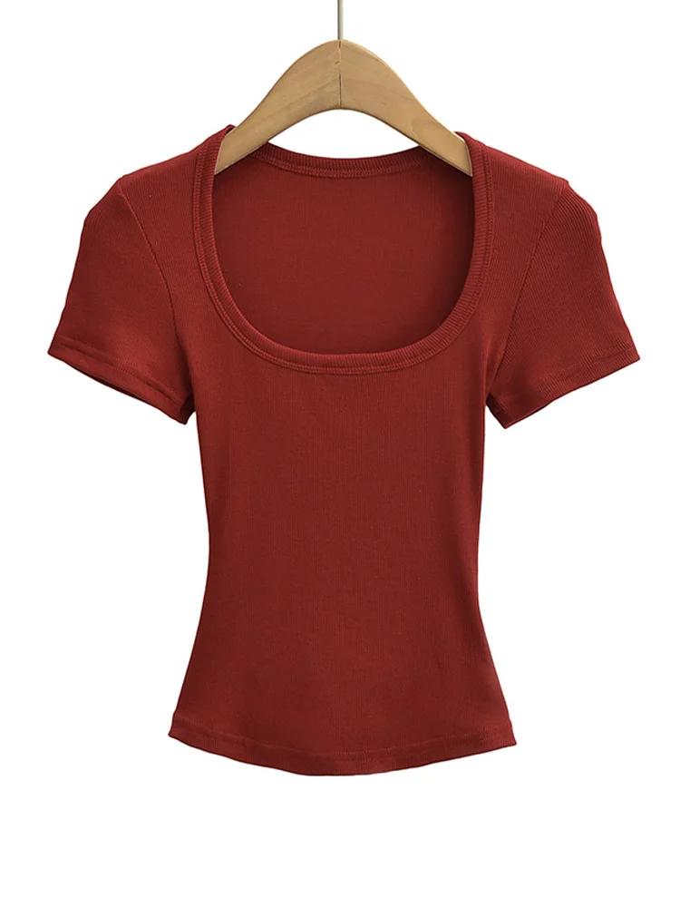 Haut court à col carré pour femmes, coupe cintrée, pull à manches courtes, très extensible, chemisie