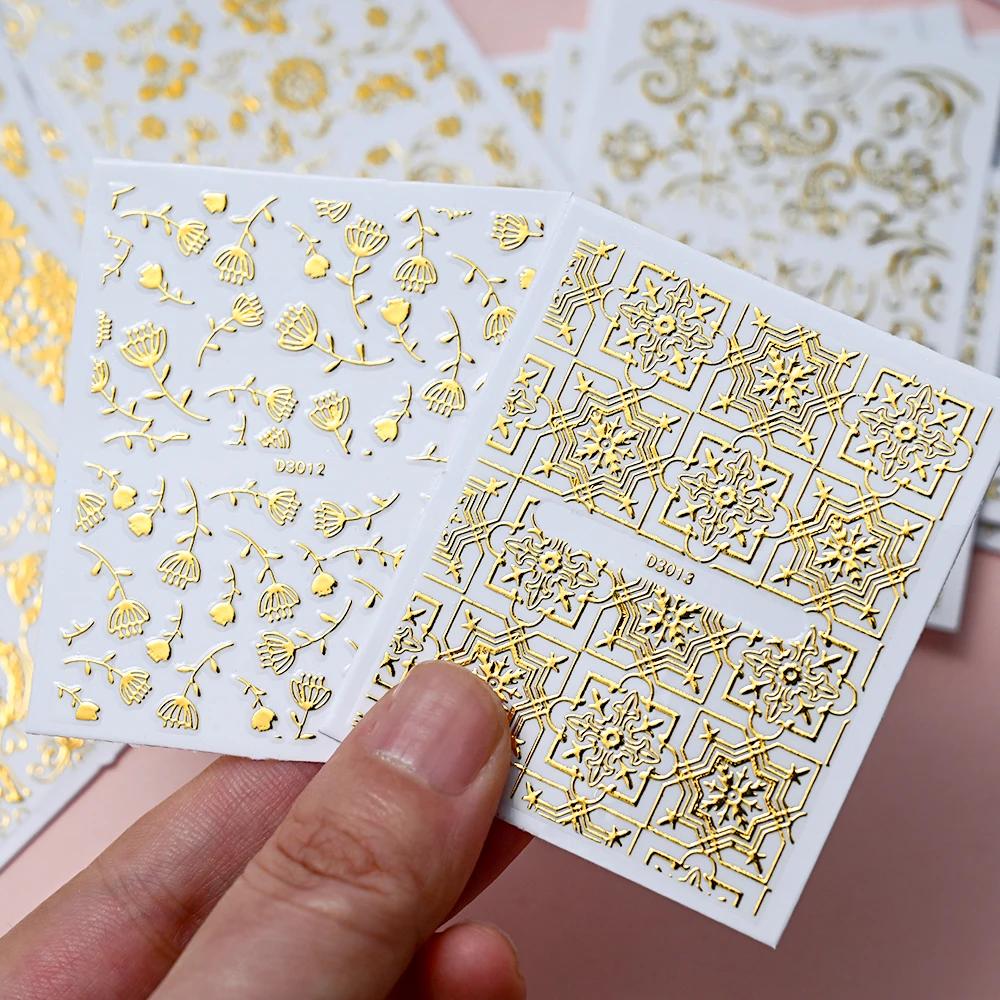 30 feuilles or fleurs métalliques vigne Nail Art décalcomanies 3D dentelle fleur autocollant pour on