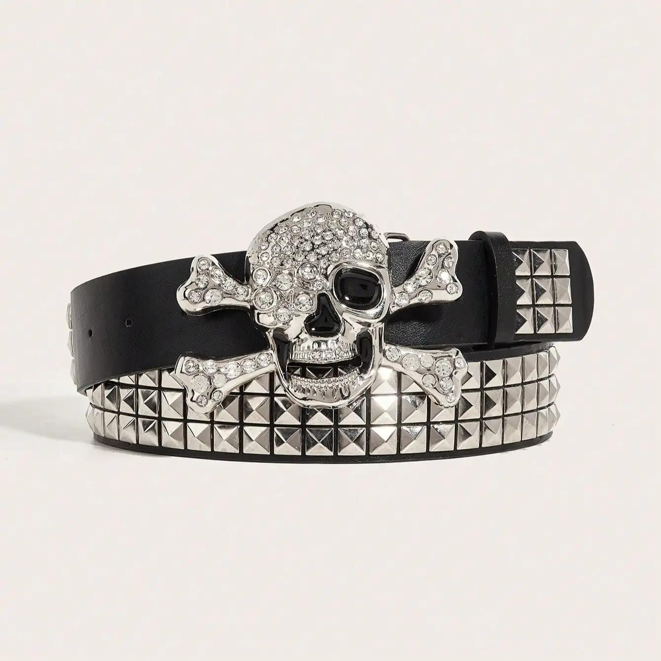 Ceinture à rivets et boucle tête de mort punk foncé pour hommes, 1 pièce, ceinture décorative polyva