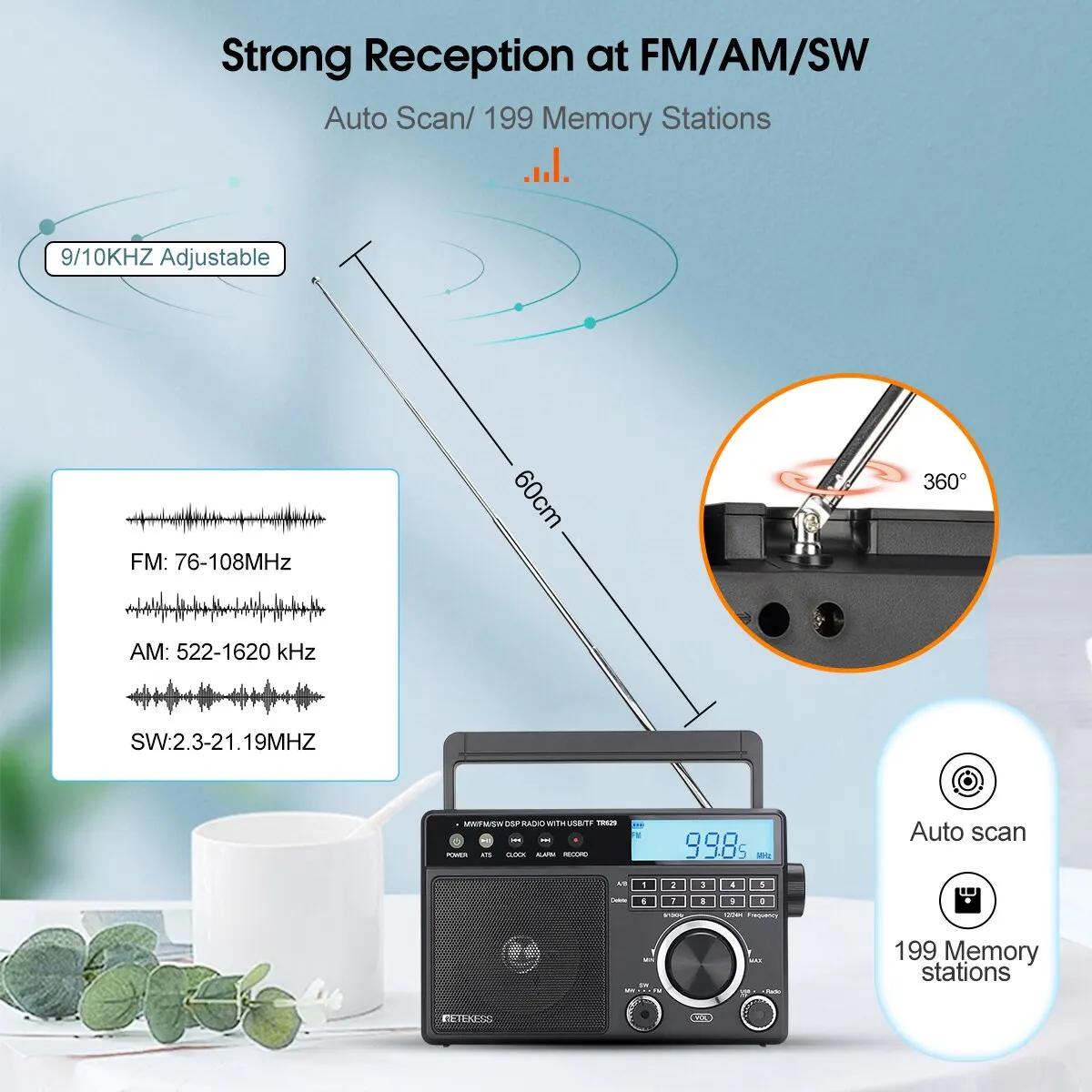Retekess TR629 AM FM SW DSP Radio numérique Portable rétro-éclairage écran LCD haut-parleur de Volum