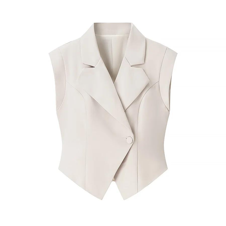 Ensemble tailleur chic 2 pièces pour femme : Gilet ajusté à col rabattu et pantalon long large à tai
