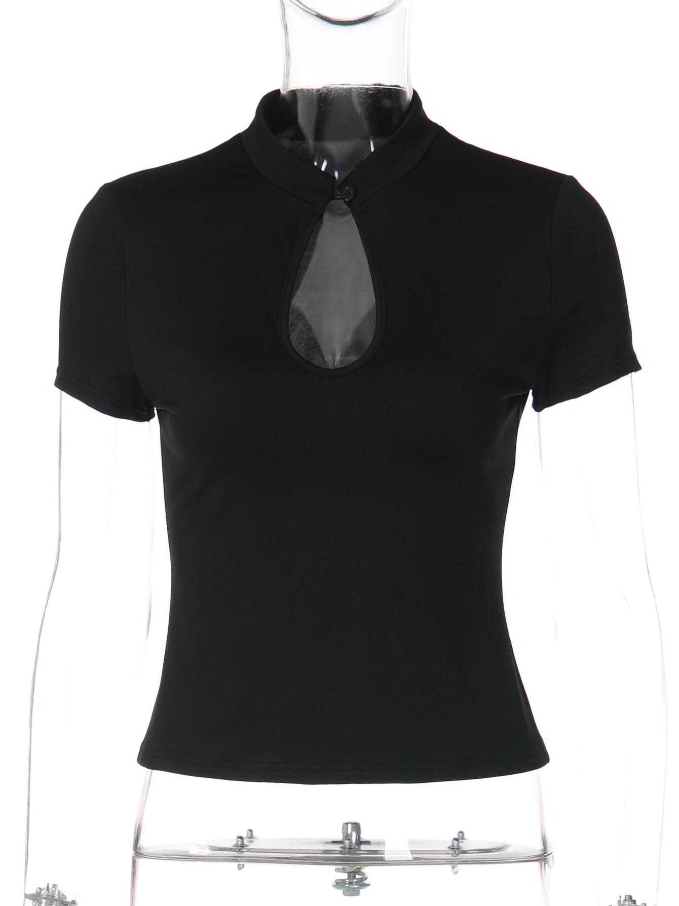 T-shirt Dulzura à col mandarin, manches courtes, style chinois, boutons noués, ajouré, mode décontra