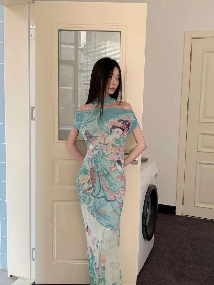 CHEERART mythe fée imprimé Vintage hors de l'épaule robe Maxi femmes maille tuniques moulante longue