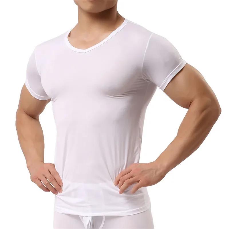 Ice InjT-Maillot de corps en nylon à manches courtes et col en V pour homme, chemises ultrafines, vê