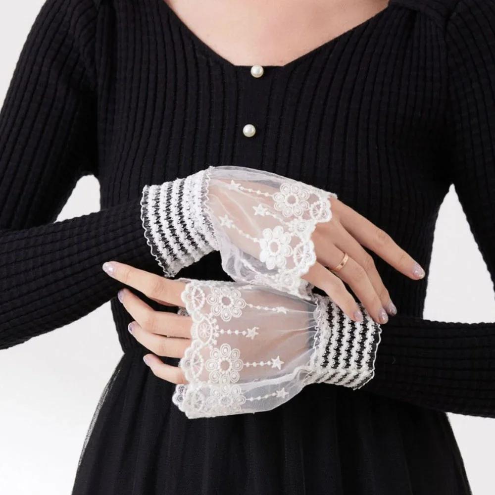 1 Paire de Faux Manchettes Amovibles en Dentelle Florale et Maille, à Double Couche, Plissées et Fro