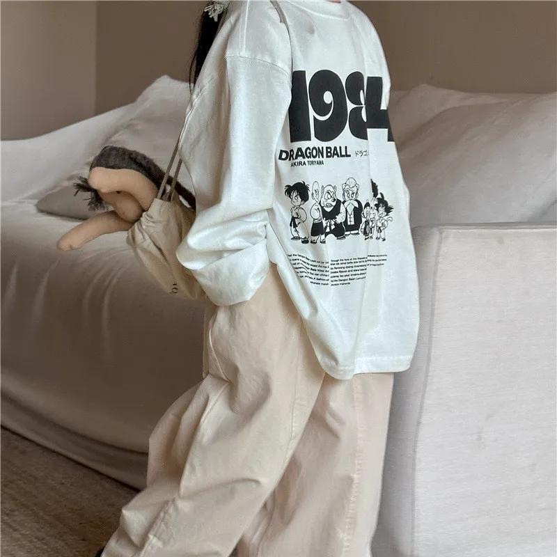 T-shirt manches longues col rond pour enfants, ample, en coton, avec lettres de dessin animé, printe