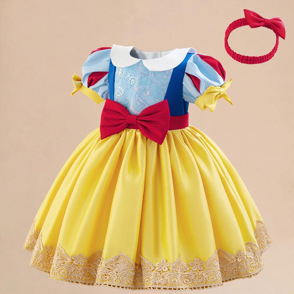 Robe de princesse blanche-neige pour filles, 2 pièces, jaune la reine des neiges, Tutu, robes de fêt
