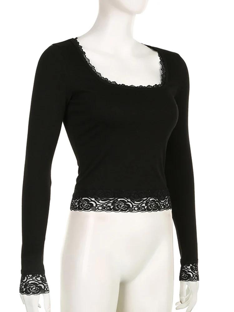 T-shirt manches longues pour femmes, Vintage, fée Grunge, garniture en dentelle, Slim, convient aux 
