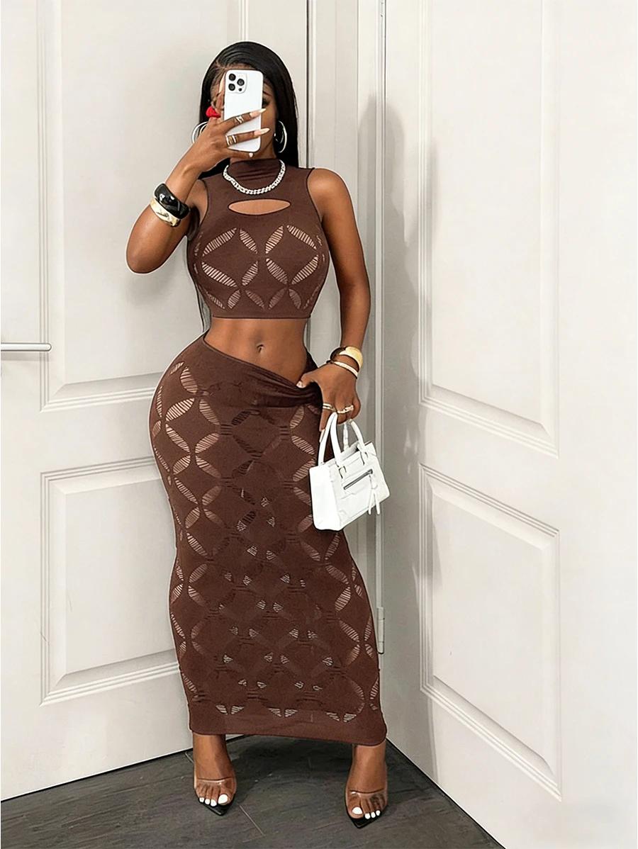 FHSEER Ensemble sexy 2 pièces grande taille pour femme, débardeur court en maille transparente ajour