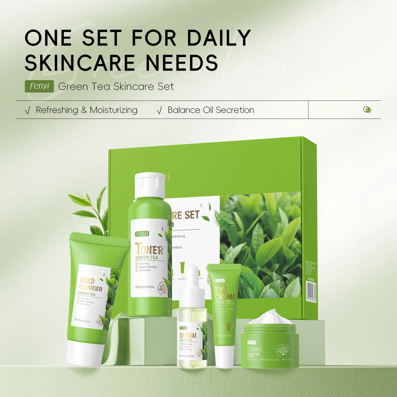 5 pièces/boîte ensemble de soins de la peau thé vert nettoyant pour le visage apaise la peau visage 