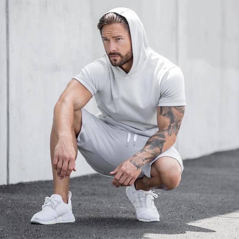 T-shirt à capuche en coton pour homme, coupe slim, respirant, à manches courtes, pour la musculation