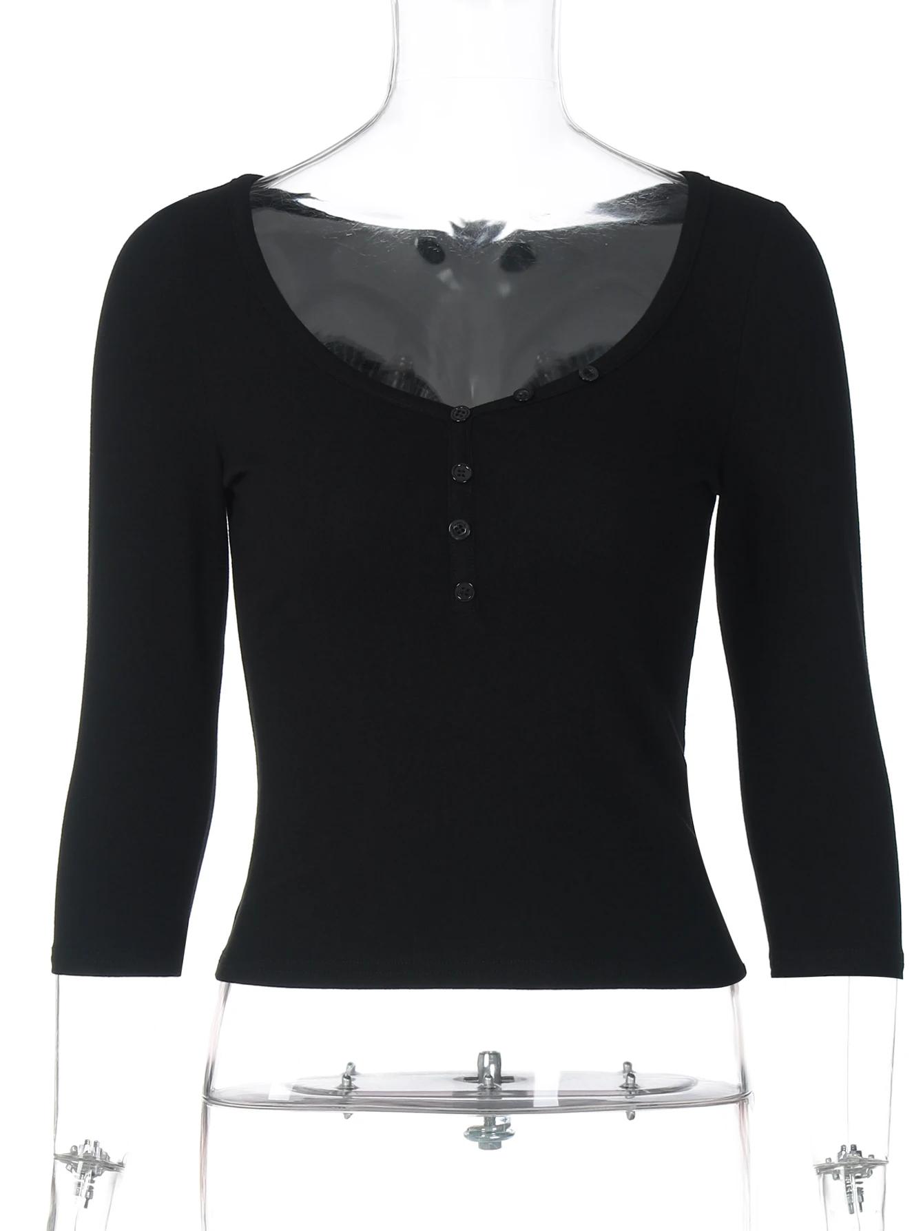 Dulzura automne solide col rond demi manches simple boutonnage mince T-Shirt femmes décontracté poly