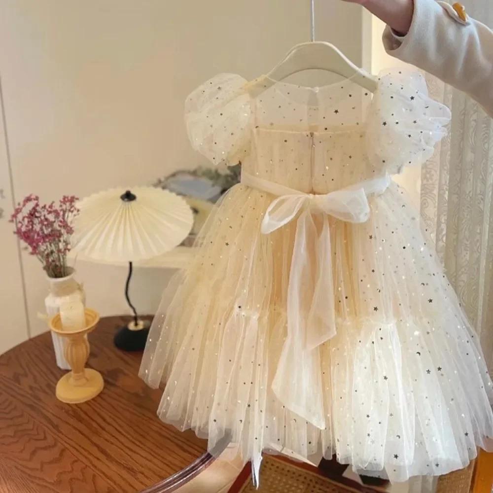 Bear Leader – robe d'été décontractée pour filles, tenue de princesse en maille à paillettes, manche