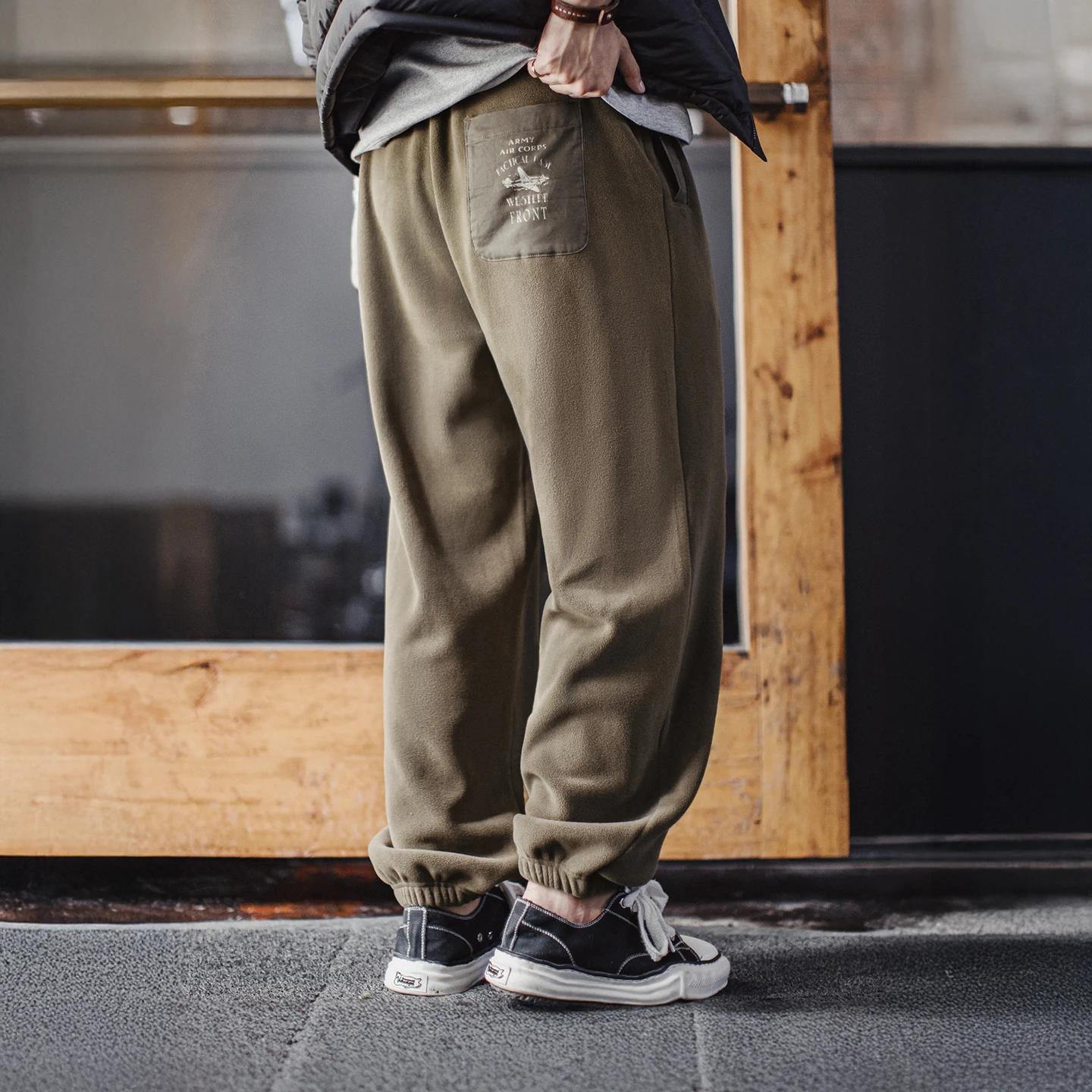 Maden Vintage hommes pantalon de survêtement en polaire brossé vert Olive pantalon thermique taille 