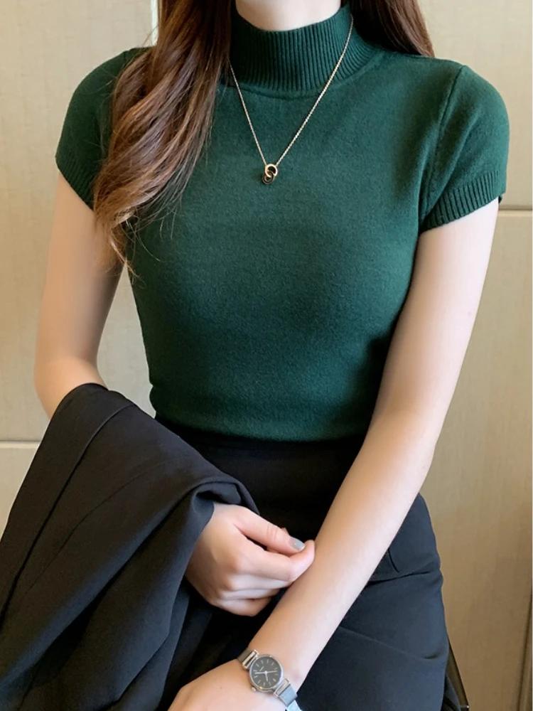 T-Shirt à col mi-haut pour femmes, pull à la mode, hauts décontractés, Style coréen, vêtements éléga
