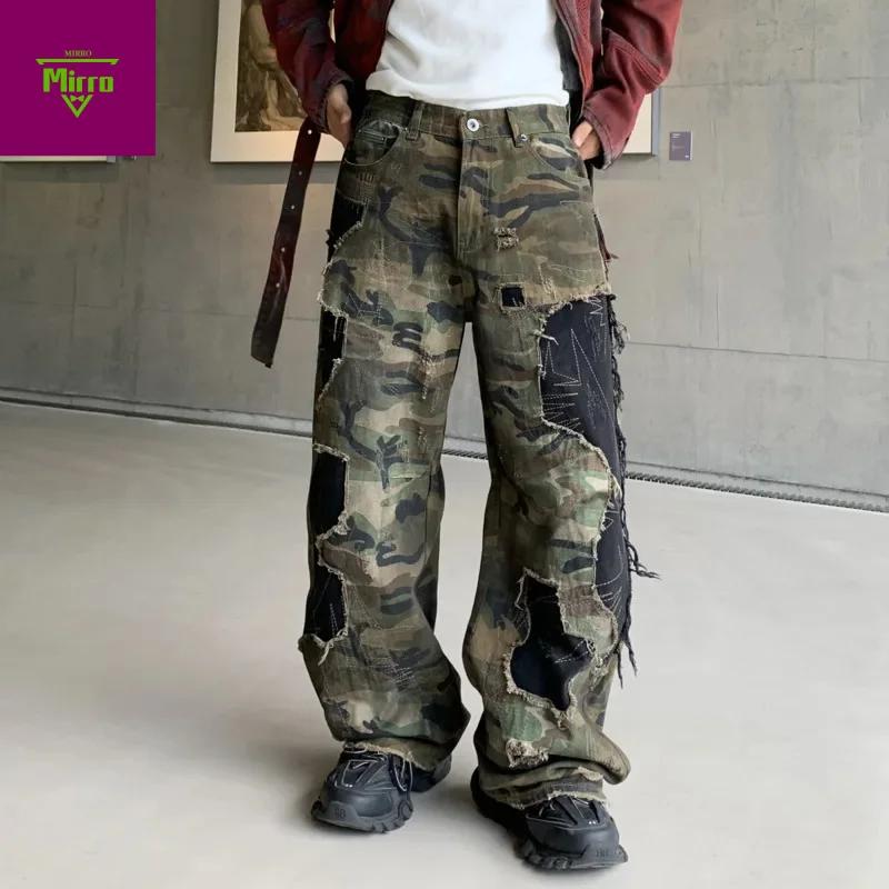 Faux jean déchiré délavé de Camouflage pour hommes, pantalon décontracté, ample et droit, nouvelle c