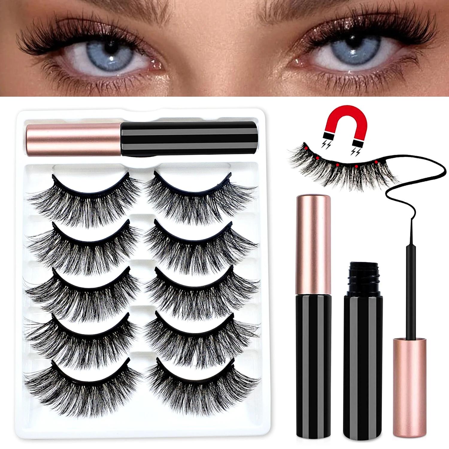 REDSIREN 5 paires de cils magnétiques avec Eyeliner cils naturels épais réutilisables nouveau faux c