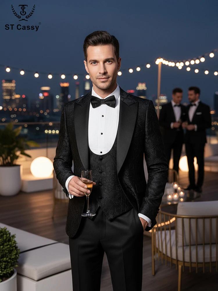 Costume homme de luxe ST Cassy, ensemble 3 pièces, noir, pour dîner, soirée, banquet, mariage, cérém