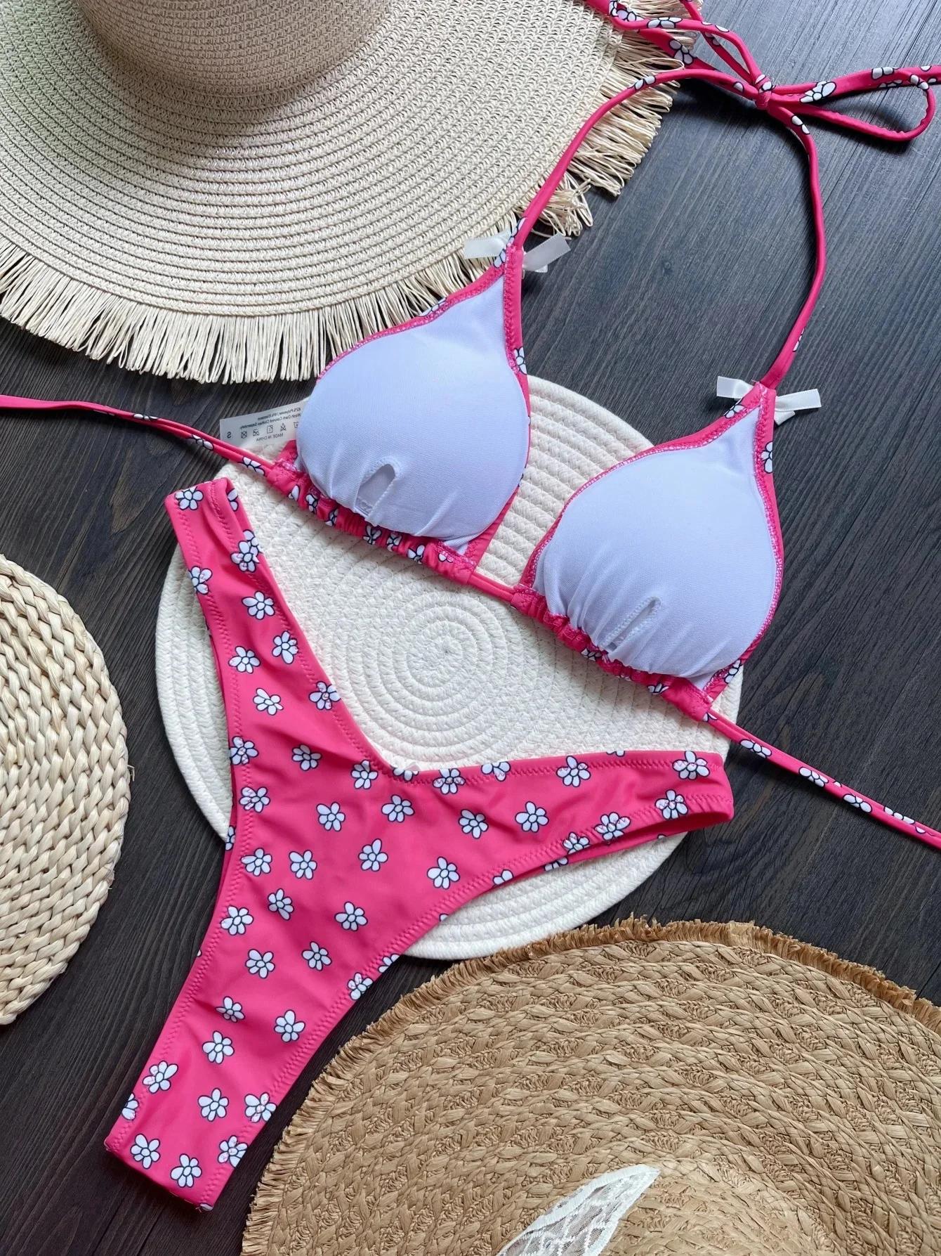 Maillot de bain deux pièces imprimé fleurs pour femme, bikini licou, coupe haute, baigneur, baigneur