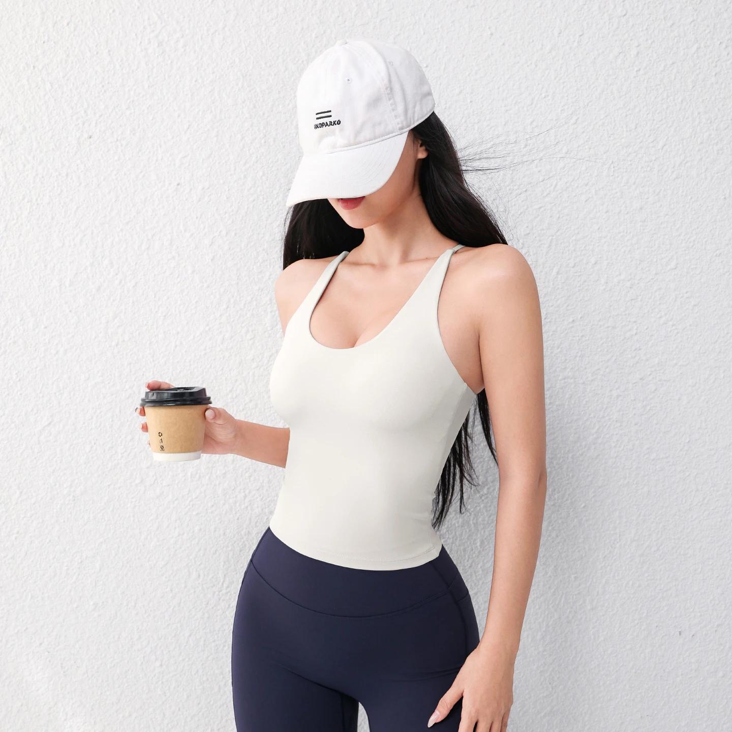 Gilet de Yoga à col en U pour femmes, avec coussinet de poitrine, haut de sport, respirant, conforta